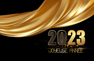 carte ou bandeau pour souhaiter une joyeuse année 2023 en or et noir sur un fond noir avec un drapé de tissus de couleur or 