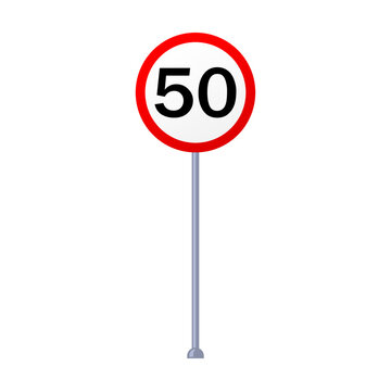 Speed limit road sign on metal post vector illustration. Blank destination sign isolated on white background