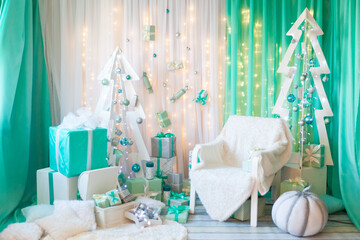 Stylish living room or studio Christmas interior in mint and tiffany colors