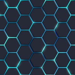 Abstract black hexagon tiles seamless pattern with shiny flares on blue background. Modern technology luminous cells texture. Vector glowing game, medical, science hexagon background.