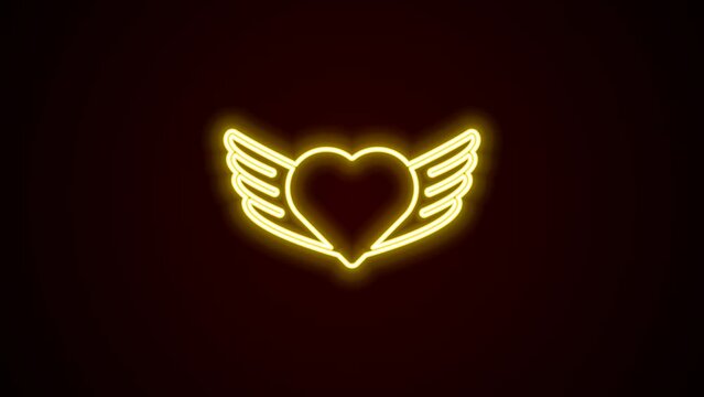 Glowing neon line Heart with wings icon isolated on black background. Love symbol. Happy Valentines day. 4K Video motion graphic animation