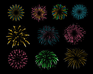 set of fireworks new year decoration or party, festive element vector collection