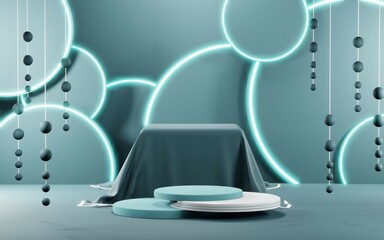 Naklejka premium 3D render of Podium background in blue tones for displaying cream products. cosmetics