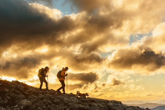 mountaineering couple with backpack and trekking poles hiking in the mountains with their dog at sunset. sport and adventure in the open air.