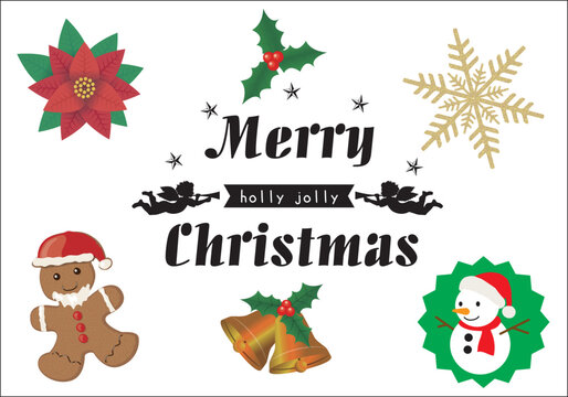 クリスマスのイメージのロゴ、イラストセット　柊、ポインセチア、雪だるま、ジンジャーマン、雪の結晶