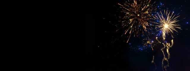 Sylvester, new year, new year's eve 2024 background banner - Golden firework fireworks pyrotechnics on dark black night sky. - obrazy, fototapety, plakaty