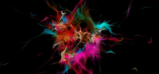 Abstract electrifying lines, smoky fractal pattern, digital illustration art work of rendering chaotic dark background.