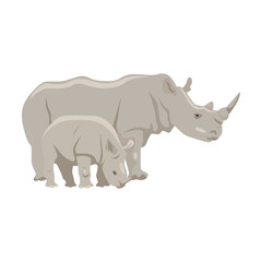 Fototapeta premium Rhinoceros with young animal cartoon illustration. Gray rhino character on white background. Animal, family, wildlife