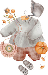 Boho Baby watercolor illustration. Vintage kids apparel and toys. Retro baby clothes on shoulder. Vintage baby shoes. Floral elements. PNG