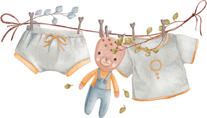 Boho Baby watercolor illustration. Vintage kids apparel and toys. Retro baby clothes on shoulder. Vintage baby shoes. Floral elements. PNG