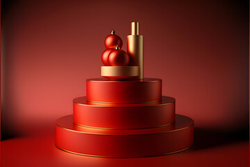 Red podium for product placement in Christmas theme, Generative AI design