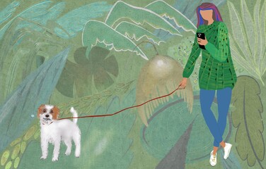 Drawing figure of a girl without a face with a phone in her hand with a dog on a leash against the background of abstract herbal plants