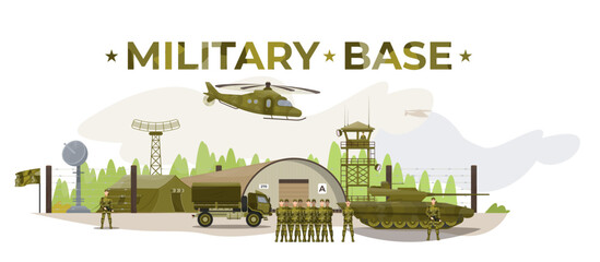 Military base with soldiers, helicopters, tanks, tents, storage buildings, trucks. Army training. Fighters. Military neutral uniform. Flat vector illustration.