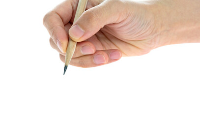 Woman hand holding pencil on white background