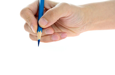 Woman hand holding pencil on white background