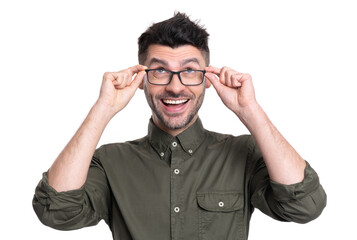 glad employee man portrait in studio. employee in glasses. adult employee man wear shirt.