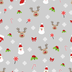 A Christmas pattern with recurring Christmas elements on a gray background. Beautiful Christmas vector illustration with a santa in a red cap, deer, sweets, snowflakes and red bows