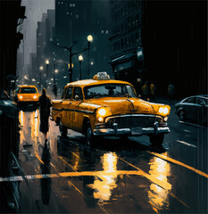 Yellow taxi in a busy street at a dark rainy night