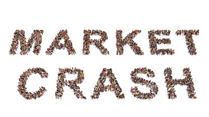 Conceptual large community of people forming   MARKET CRASH message. 3d illustration metaphor for financial and investment crisis, stock market decline,  bankruptcy and currency depreciation