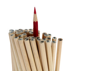One red pencil standing out from the brown pencils