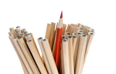 Obraz premium One orange pencil standing out from the brown pencils