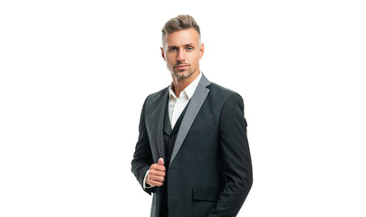 portrait of grizzled man in formal tuxedo isolated on white