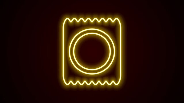 Glowing neon line Condom in package icon isolated on black background. Safe love symbol. Contraceptive method for male. 4K Video motion graphic animation