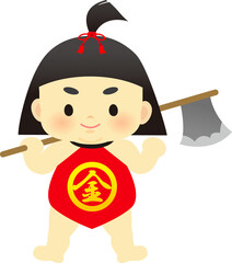 イラスト素材: 菱形の赤い腹掛けを着た鉞担いだ金太郎　ちょんまげ　おとぎ話
(透過背景)
