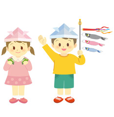 イラスト素材:こどもの日に兜を頭に被り鯉のぼりの玩具を持ち柏餅を仲良く食べる男女の姿　端午の節句(透過背景)

