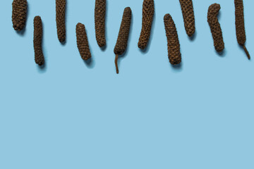 Dry Indian long pepper . Piper Longum ,Piper retrofractum, Pippali, Long pepper. Pattern texture background. Top view.