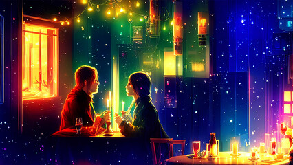 A couple kissing under a mistletoe, with a romantic candlelit