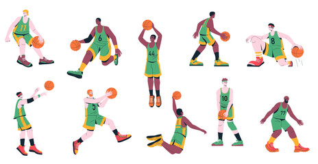 Men basketball players. Set of male characters training throwing ball in basket, sport team in uniform playing game cartoon flat style. Vector collection