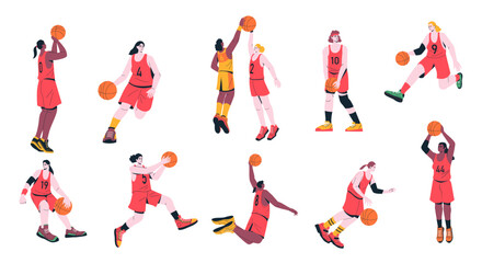 Girl basketball players. Cartoon woman characters playing sport game, female athletes in uniform training throwing ball in basket. Vector colorful set