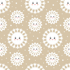 Seamless pattern with cute cartoon smiling snowflakes. Wintry endless background.