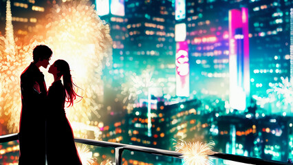 Fototapeta premium A couple embracing and sharing a romantic kiss on New Year's