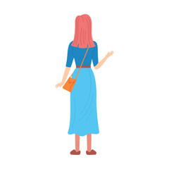 Woman in a long skirt from behind. Vector illustration of adult man and woman back view isolated on white. Communication, crowd