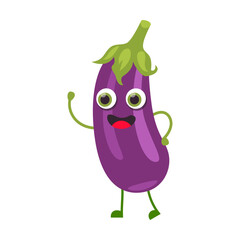 Happy purple eggplant, vegetable cartoon character vector illustration. Cute veggies with faces, hands and legs isolated on white background