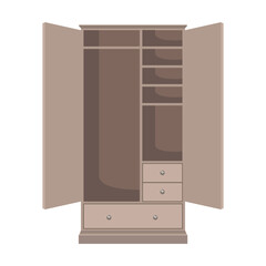 Open empty wardrobe. Vector illustration of cabinet with hanging clothes hangers and drawers isolated on white