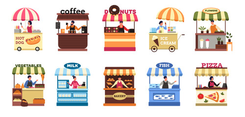Street vendors. Farm local market food booth and stall with seller, set of fruit vegetable kiosk stands and fish trolley flat cartoon style. Vector collection - obrazy, fototapety, plakaty