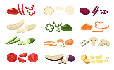 Chopped vegetables. Sliced organic natural agriculture products, cartoon flat raw vegetarian food components healthy snack. Vector colorful set