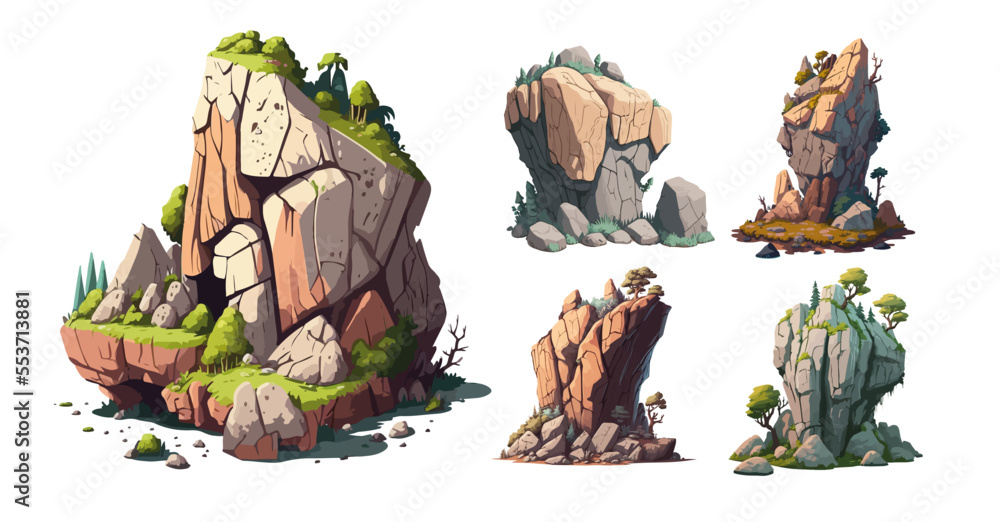 Wall mural vector cartoon cliffs and rocks set