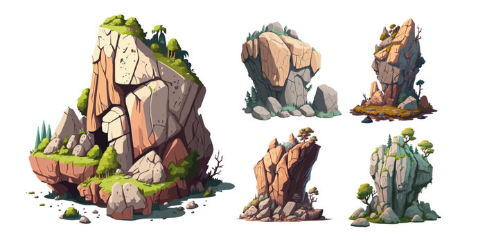 Vector cartoon cliffs and rocks set