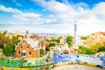 Barcelona cityscape on sunny summer day, travel destination and vacations concept. Park, Barcelona Spain.