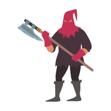 Medieval hooded executioner with ax cartoon illustration. Character of middle age period isolated on white background