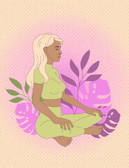 Woman meditates, relaxes, does yoga in the lotus position. Flat vector illustration.