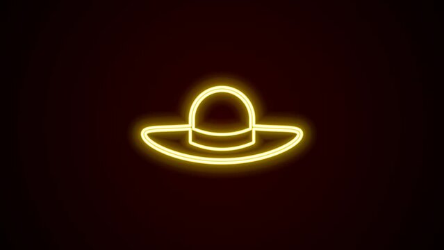 Glowing neon line Elegant women hat icon isolated on black background. 4K Video motion graphic animation