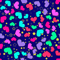 Naklejka na ściany i meble Colorful heart seamless pattern on white background. Paper print design. Abstract retro vector illustration. Trendy textile, fabric, wrapping. Modern space decoration.