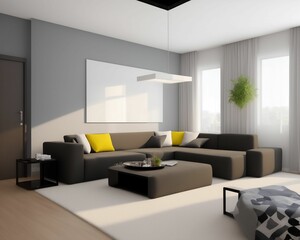Fototapeta premium Interior design modern bright room with corner sofa 3d rendering