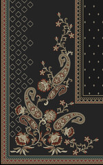 Digital Textile Design, Paisley, Mughal flower motif border, Luxury of the dark gray background, digital print on fabric