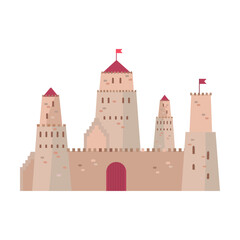 Protected fortified castle cartoon illustration. Gothic architecture, fairytale palace and Medieval fortress isolated on white background